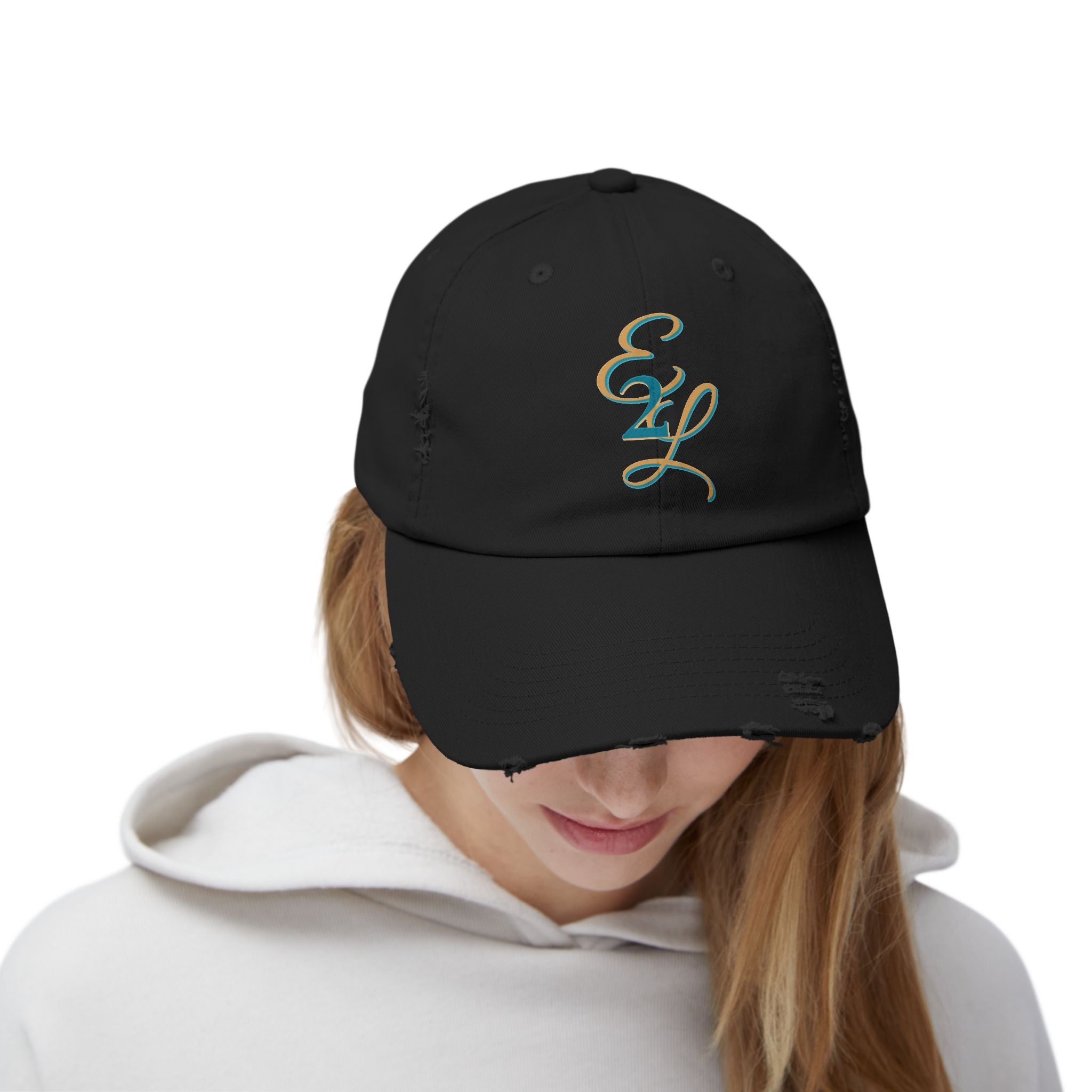 Distressed Black Cap with 'E2L' Enemies to Lovers